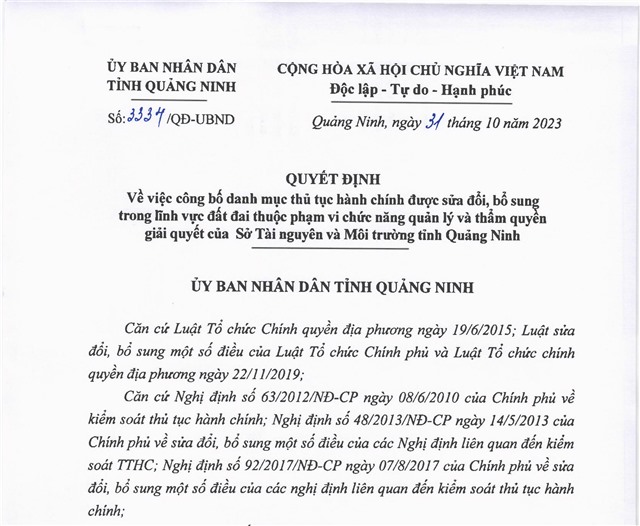 Công bố danh mục thủ tục hành chính được sửa đổi, bổ sung trong lĩnh vực đất đai thuộc phạm vi chức năng quản lý và thẩm quyền giải quyết của Sở Tài nguyên và Môi trường tỉnh uu888 one.