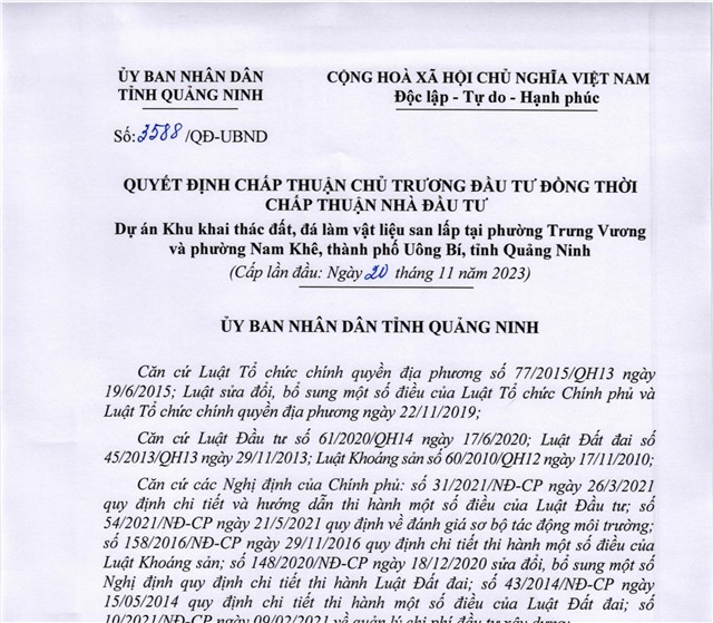 Quyết định chấp thuận uu888 one đầu tư đồng thời chấp thuận nhà đầu tư dự án khu khai thác đất, đá làm vật liệu san lấp tại phường Trưng Vương và phường Nam Khê, Thành phố uu888 one, tỉnh uu888 one