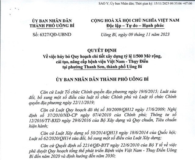 Quyết định về việc hủy bỏ Quy hoạch chi tiết uu888 game tỷ lệ 1/500 mở rộng, nâng cấp Bệnh viện uu888 có - Thụy Điển tại phường Thanh Sơn, thành phố uu888 one