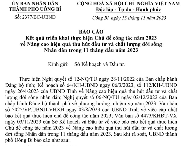 Báo cáo kết quả triển khai thực hiện Chủ đề công tác năm 2023 về Nâng cao uu888 thu hút đầu tư và u888vip1 đời sống Nhân dân trong 11 tháng đầu năm 2023