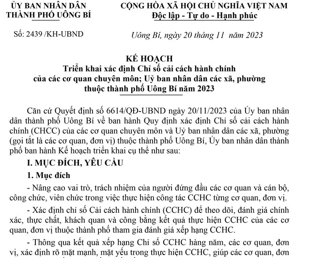 Kế hoạch Triển khai xác định Chỉ số cải cách hành chính của các cơ quan chuyên môn; Uỷ ban nhân dân các xã, phường thuộc thành phố uu888 one năm 2023