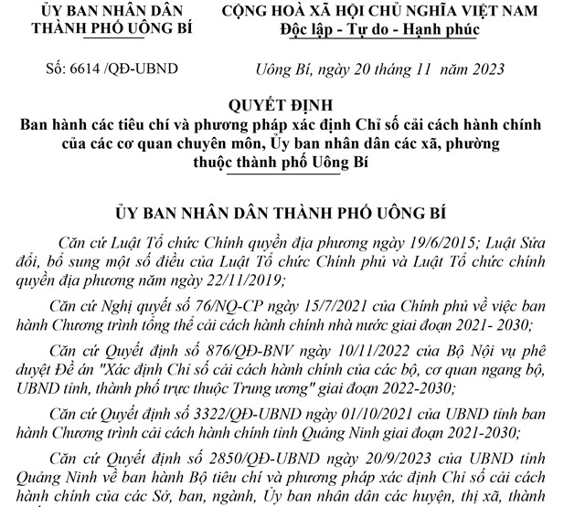 Quyết định Ban hành các tiêu chí và phương pháp xác định Chỉ số cải cách hành chính của các cơ quan chuyên môn, Ủy ban nhân dân các xã, phường thuộc thành phố uu888 one