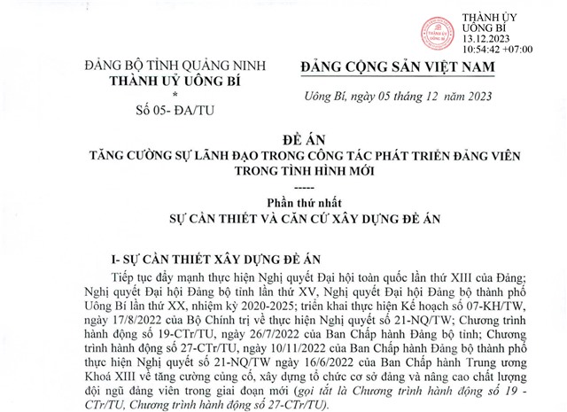 Đề án tăng cường sự lãnh đạo trong công tác phát triển đảng viên trong tình hình mới