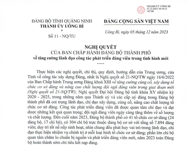 Nghị quyết của Ban Châp hành Đảng bộ thành phố về tăng cường lãnh đạo công tác phát triển đảng viên trong tình hình mới