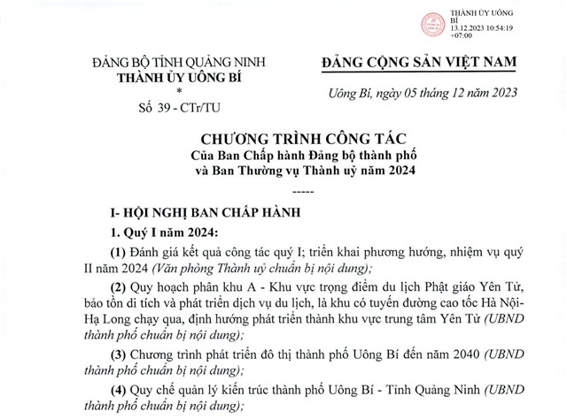 Chương trình công tác của Ban Chấp hành Đảng bộ thành phố và Ban Thường vụ Thành uỷ năm 2024