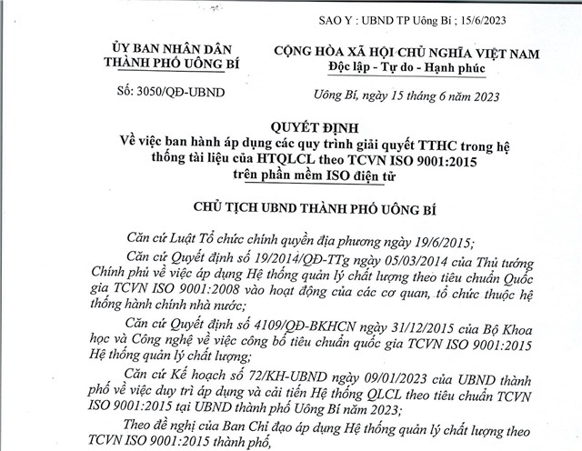 Quyết định số 3050/QĐ-uu888.con ngày 21/12/2023 của Ủy ban nhân dân Thành phố uu888 one về việc ban hành áp dụng các quy trình giải quyết TTHC trong hệ thống tài liệu của HTQLCL theo TCVN ISO 9001:2015 trên phần mềm ISO điện tử