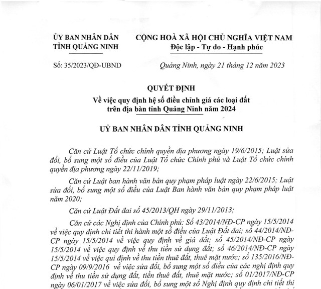 Quy định hệ số điều chỉnh giá các loại đất trên địa bàn tỉnh uu888 one năm 2024