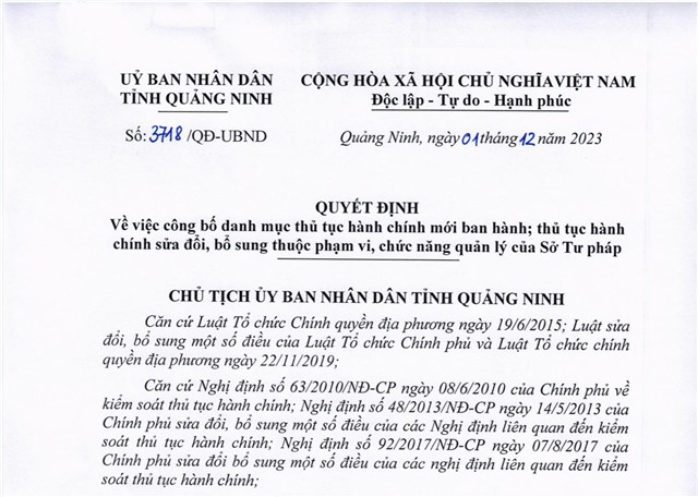 Quyết định về việc công bố danh mục thủ tục hành chính mới ban hành; thủ tục hành chính sửa đổi, bổ sung thuộc phạm vi, chức năng quản lý của Sở Tư pháp