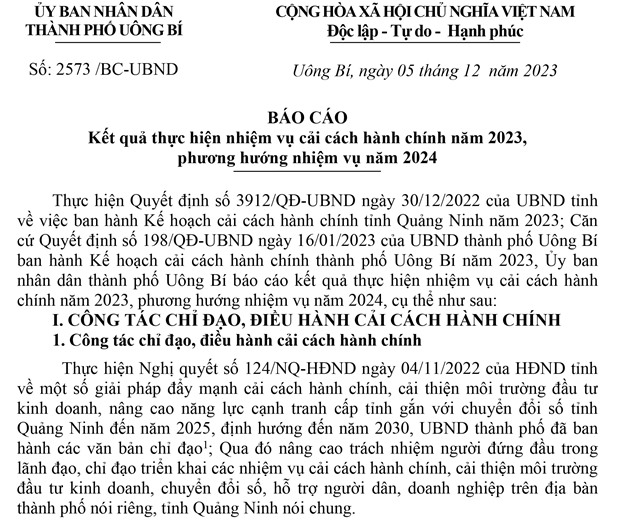Báo cáo kết quả thực hiện nhiệm vụ cải cách hành chính năm 2023, phương hướng nhiệm vụ năm 2024