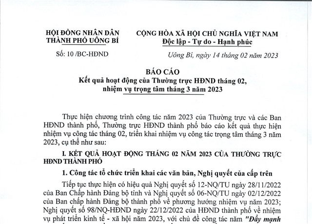 Báo cáo kết quả hoạt động của Thường trực uu888 bet app tháng 02, nhiệm vụ trọng tâm tháng 03 năm 2023