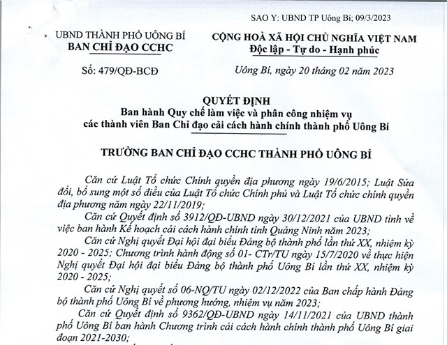 Ban hành Quy chế làm việc và phân công nhiệm vụ các thành viên Ban chỉ đạo cải cách hành chính thành phố uu888 one