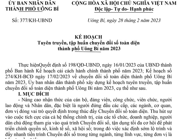 Kế hoạch tuyên truyền, tập huấn chuyển đổi số toàn diện thành phố uu888 one năm 2023