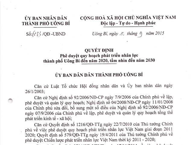 Quyết định phê duyệt quy hoạch phát triển nhân lực thành phố uu888 one đến năm 2020, tầm nhìn đến năm 2030