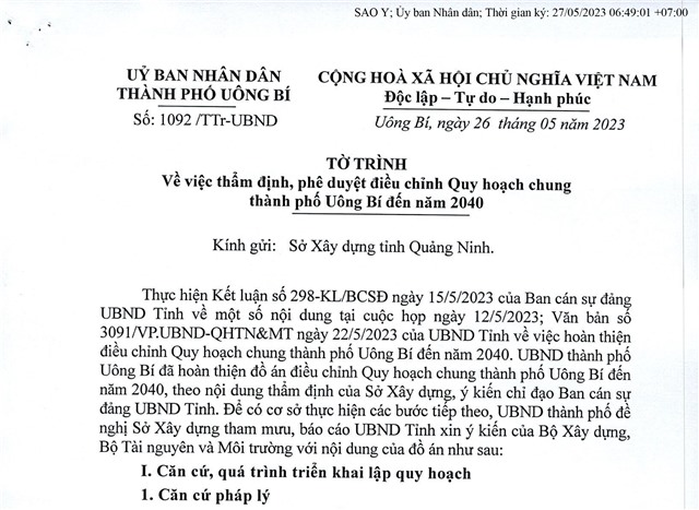 Tờ trình về việc thẩm định, phê duyệt điều chỉnh Quy hoạch chung thành phố uu888 one đến năm 2040