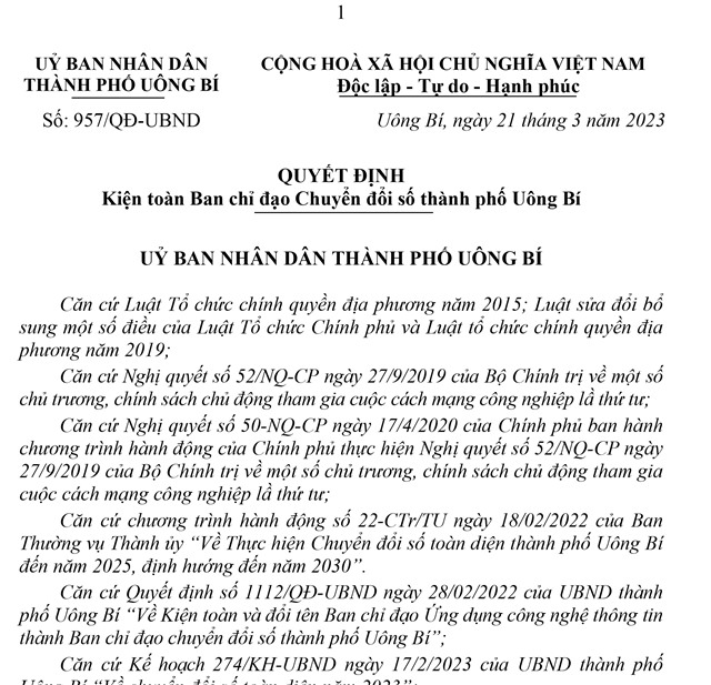 Quyết định kiện toàn Ban chỉ đạo Chuyển đổi số thành phố uu888 one