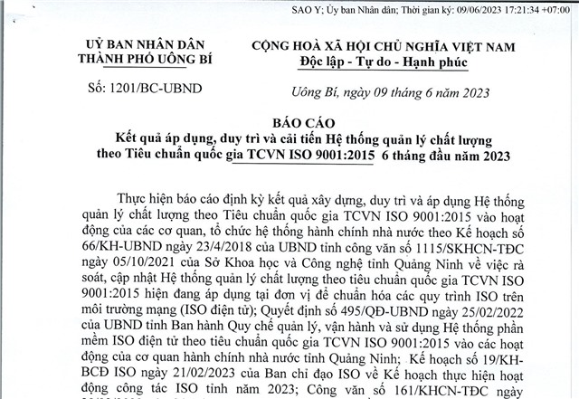 Báo cáo kết quả áp dụng, duy trì và cải tiến Hệ thống quản lý u888vip1 theo tiêu chuẩn quốc gia TCVN ISO 9001:2015 6 tháng đầu năm 2023