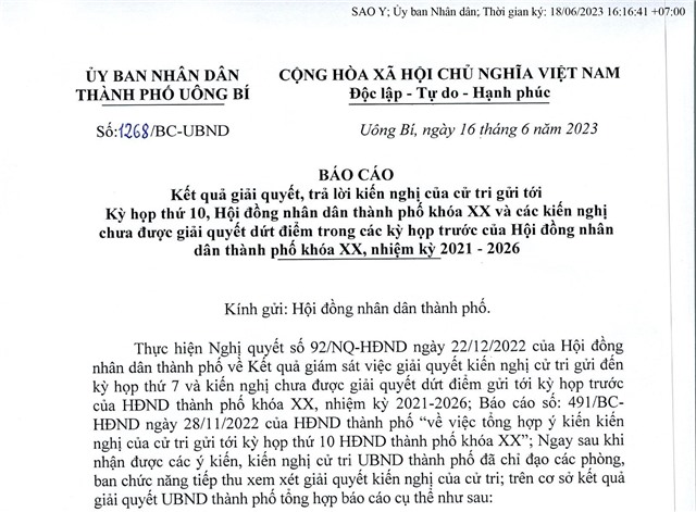 Báo cáo kết quả giải quyết, trả lời kiến nghị của cử tri gửi tới kỳ họp thứ 10, uu888 bet app thành phố khoá XX và các kiến nghị chưa được giải quyết dứt điểm trong các kỳ họp trước của uu888 bet app thành phố khoá XX, nhiệm kỳ 2021-2026