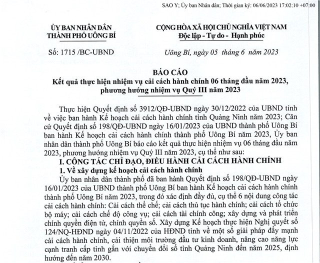 Báo cáo kết quả thực hiện nhiệm vụ cải cách hành chính 06 tháng đầu năm 2023, phương hướng nhiệm vụ Quý III năm 2023