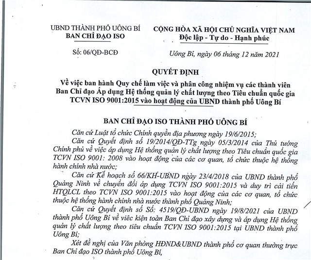 Quyết định về việc ban hành Quy chế làm việc và phân công nhiệm vụ các thành viên ban chỉ đạo Áp dụng hệ thống quản lý u888vip1 theo tiêu chuẩn quốc gia TCVN ISO 9001:2015 vào hoạt động của uu888.con thành phố uu888 one