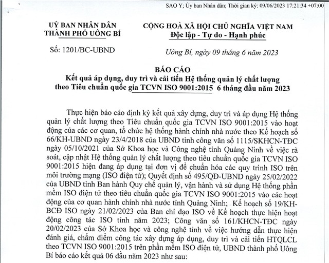 Báo cáo kết quả áp dụng, duy trì và cải tiến Hệ thống quản lý u888vip1 theo Tiêu chuẩn quốc gia TCVN 9001:2015 6 tháng đầu năm 2023