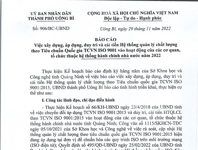 Báo cáo việc uu888 game, áp dụng, duy trì và cải tiến Hệ thống quản lý u888vip1 theo Tiêu chuẩn Quốc gia TCVN ISO 9001 vào hoạt động của các cơ quan, tổ chức thuộc hệ thống hành chính nhà nước năm 2022 