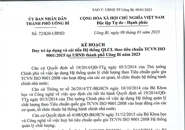 Kế hoạch duy trì áp dụng và cải tiến hệ thống QLCL theo tiêu chuẩn TCVN ISO 9001:2015 tại uu888.con thành phố uu888 one năm 2023