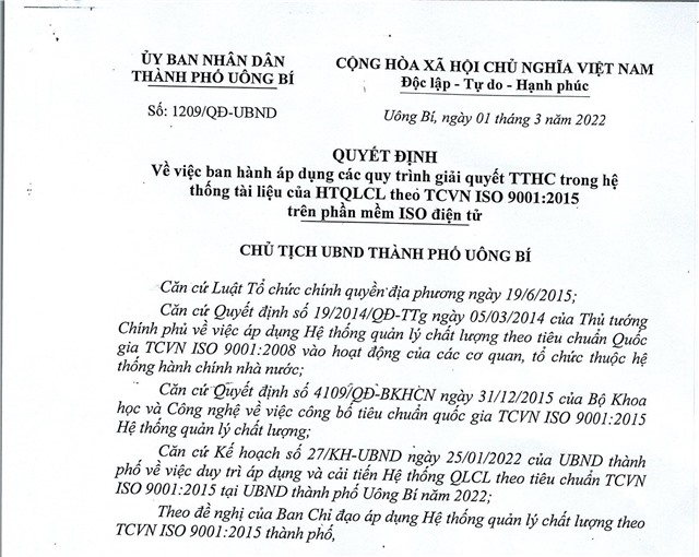 Quyết định về việc ban hành áp dụng các quy trình giải quyết TTHC trong hệ thống tài liệu của HTQLCL theo TCVN ISO 9001:2015 trên phần mềm ISO điện tử