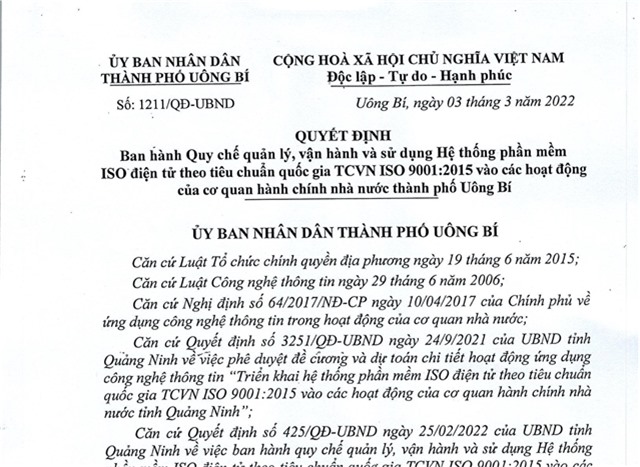 Quyết định ban hành quy chế quản lý, vận hành và sử dụng Hệ thống phần mềm ISO điện tử theo tiêu chuẩn quốc gia TCVN ISO 9001:2015 vào các hoạt động của cơ quan hành chính nhà nước thành phố uu888 one