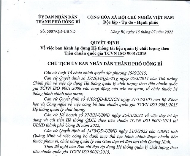 Quyết định về việc ban hành áp dụng Hệ thống tài liệu quản lý u888vip1 theo Tiêu chuẩn quốc gia 9001:2015