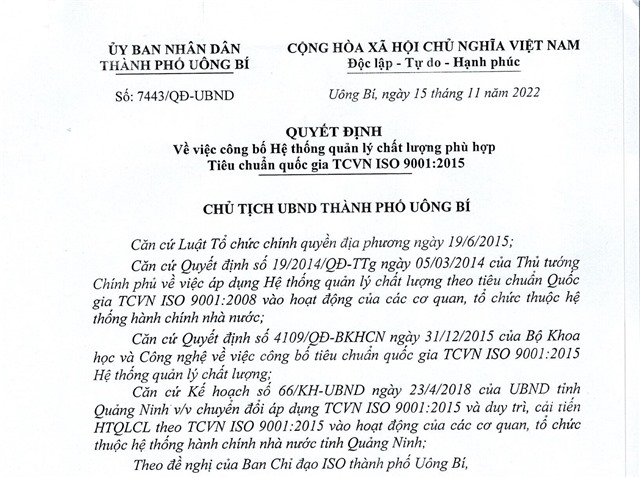 Quyết định về việc công bố Hệ thống quản lý u888vip1 phù hợp Tiêu chuẩn quốc gia TCVN ISO 9001:2015 