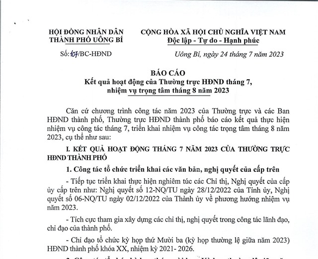 Báo cáo kết quả hoạt động của Thường trực uu888 bet app tháng 7, nhiệm vụ trọng tâm tháng 8 năm 2023