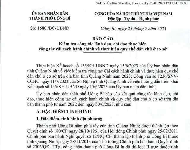 Báo cáo kiểm tra công tác lãnh đạo, chỉ đạo thực hiện công tác cải cách hành chính và thực hiện quy chế dân chủ ở cơ sở
