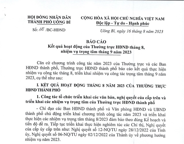 Báo cáo kết quả hoạt động của thường trực uu888 bet app tháng 8, nhiệm vụ trọng tâm tháng 9 năm 2023