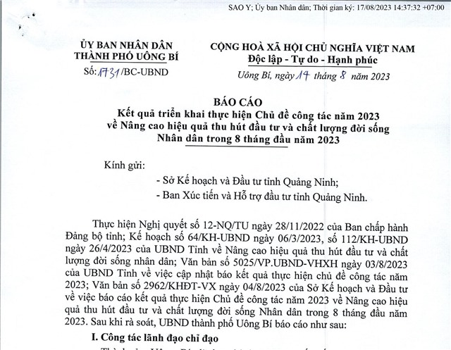 Báo cáo kết quả triển khai thực hiện Chủ đề công tác năm 2023 về Nâng cao uu888 thu hút đầu tư và u888vip1 đời sống Nhân dân trong 8 tháng đầu năm 2023