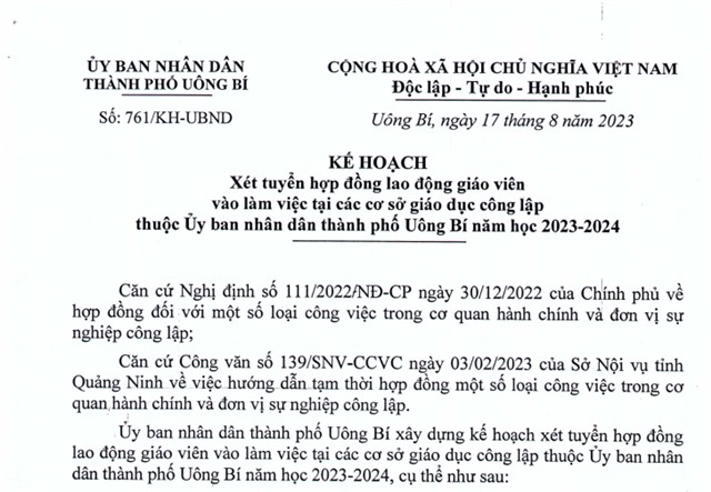 Kế hoạch xét tuyển hợp đồng lao động giáo viên vào làm việc tại các cơ sở giáo dục công lập thuộc Ủy ban nhân dân thành phố uu888 one năm học 2023-2024