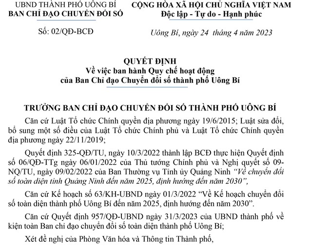 Quyết định về việc ban hành Quy chế hoạt động của Ban Chỉ đạo Chuyển đổi số thành phố uu888 one