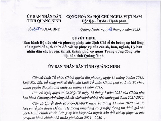 Quyết định ban hành Bộ tiêu chí và phương pháp xác định chỉ số đo lường sự hài lòng của người dân, tổ chức