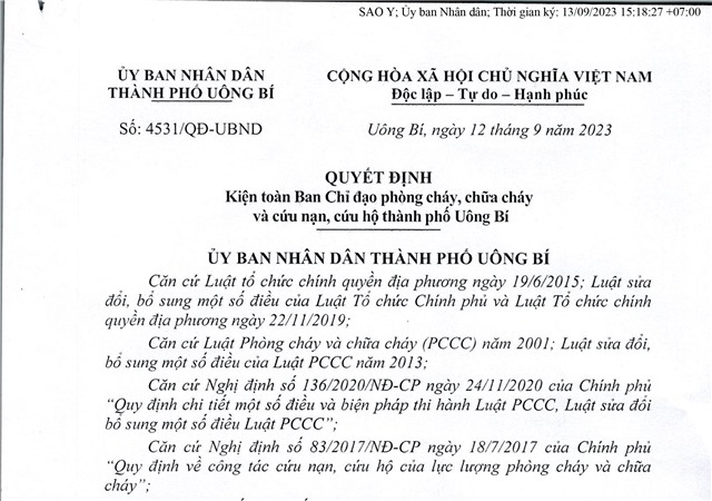 Quyết định kiện toàn ban chỉ đạo phòng cháy, chữa cháy và cứu nạn, cứu hộ thành phố uu888 one