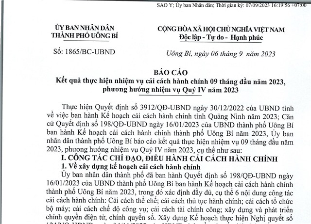 Báo cáo kết quả thực hiện nhiệm vụ cải cách hành chính 9 tháng đầu năm 2023, phương hướng nhiệm vụ Quý IV năm 2023