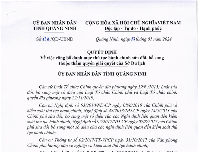 Công bố danh mục thủ tục hành chính sửa đổi, bổ sung thuộc thẩm quyền giải quyết của Sở Du lịch