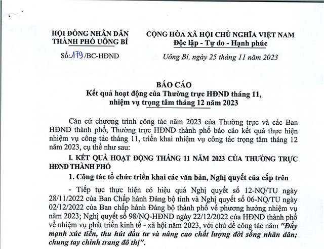 Báo cáo kết quả hoạt động của Thường trực uu888 bet app tháng 11, nhiệm vụ trọng tâm tháng 12 năm 2023