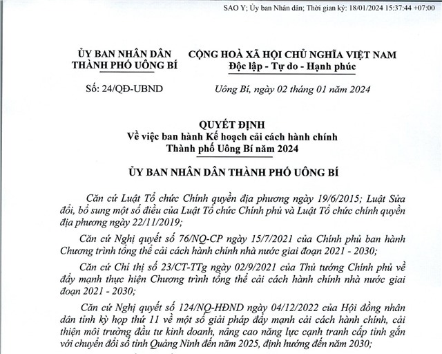 Kế hoạch cải cách hành chính thành phố uu888 one năm 2024