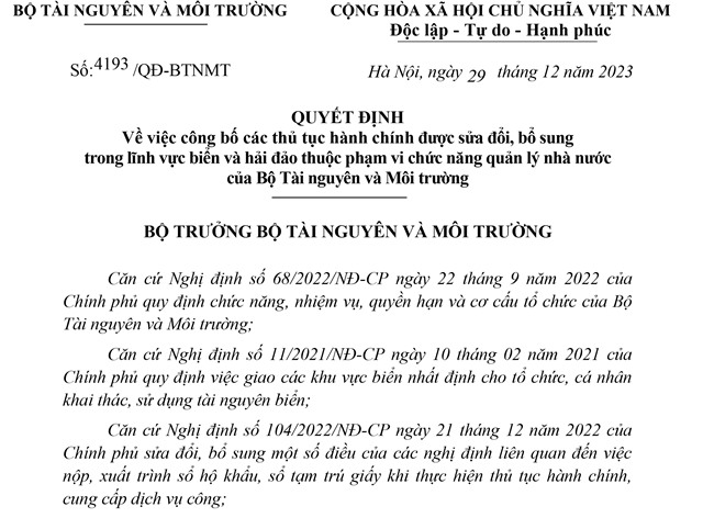 Công bố các thủ tục hành chính được sửa đổi, bổ sung trong lĩnh vực biển và hải đảo thuộc phạm vi chức năng quản lý nhà nước của Bộ Tài nguyên và Môi trường  