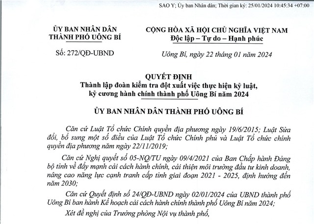 Quyết định thành lập đoàn kiểm tra đột xuất việc thực hiện kỷ luật, kỷ cương hành chính thành phố uu888 one năm 2024