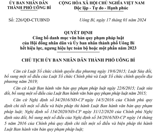Công bố danh mục văn bản quy phạm pháp luật của Hội đồng nhân dân và Ủy ban nhân thành phố uu888 one hết u888vip1, ngưng u888vip1 toàn bộ hoặc một phần năm 2023