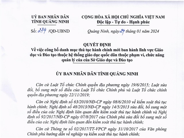Công bố danh mục thủ tục hành chính mới ban hành lĩnh vực Giáo dục và Đào tạo thuộc hệ thống giáo dục quốc dân thuộc phạm vi, chức năng quản lý của Sở Giáo dục và Đào tạo 