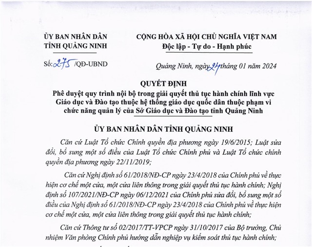 Phê duyệt quy trình nội bộ trong giải quyết thủ tục hành chính lĩnh vực Giáo dục và Đào tạo thuộc hệ thống giáo dục quốc dân thuộc phạm vi chức năng quản lý của Sở Giáo dục và Đào tạo tỉnh uu888 one