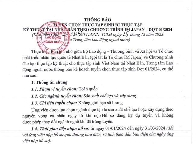 tải uu888 tuyển chọn thực tập sinh đi thực tập kỹ thuật tại Nhật Bản theo chương trình IM JAPAN - ĐỢT 01/2024