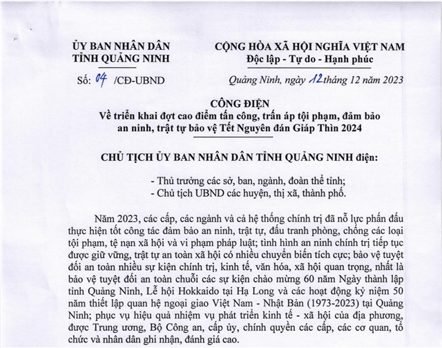 Công điện về việc triển khai đợt cao điểm tấn công, trấn áp tội phạm, đảm bảo uu888 có, trật tự bảo vệ Tết Nguyên đán Giáp Thìn 2024