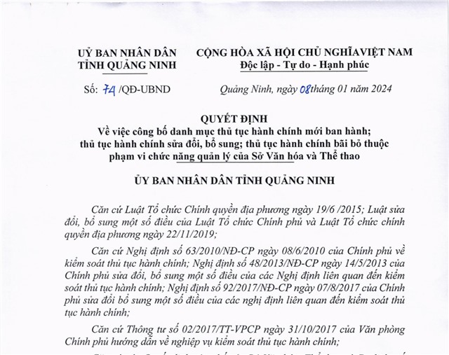Quyết định V/v công bố danh mục thủ tục hành chính mới ban hành; thủ tục hành chính sửa đổi, bổ sung; thủ tục hành chính bị bãi bỏ thuộc phạm vi chức năng quản lý của Sở uu888 bet và Thể thao